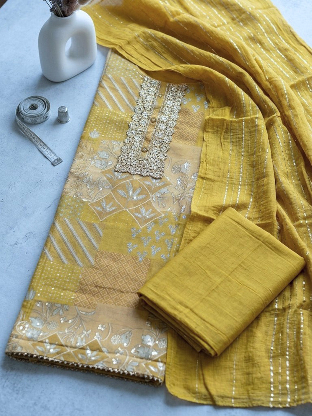 Embroidered Cotton Blend Unstitched Suit With Pant &amp; Dupatta