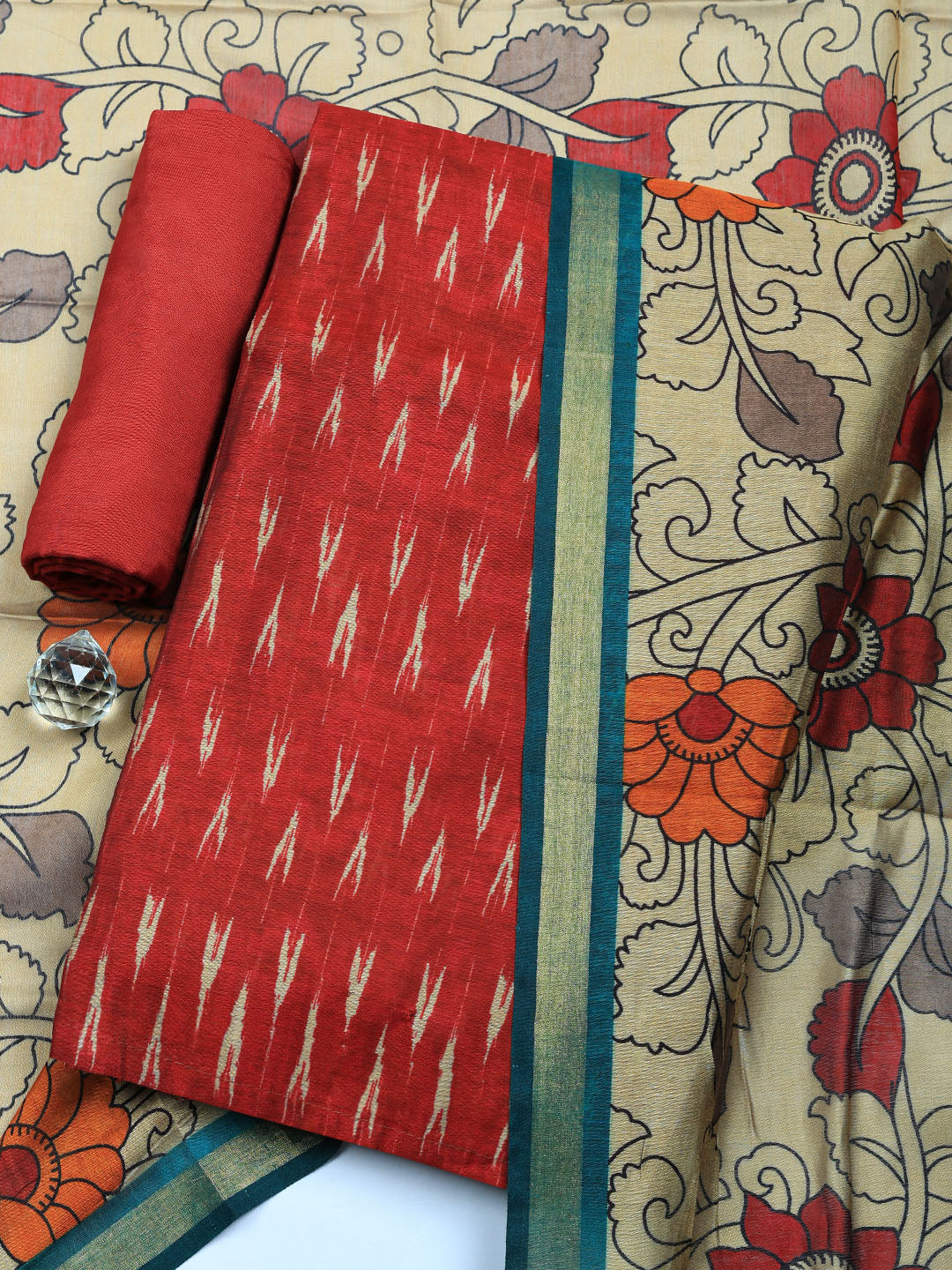 Printed Chanderi Unstitched Suit With Pant &amp; Dupatta