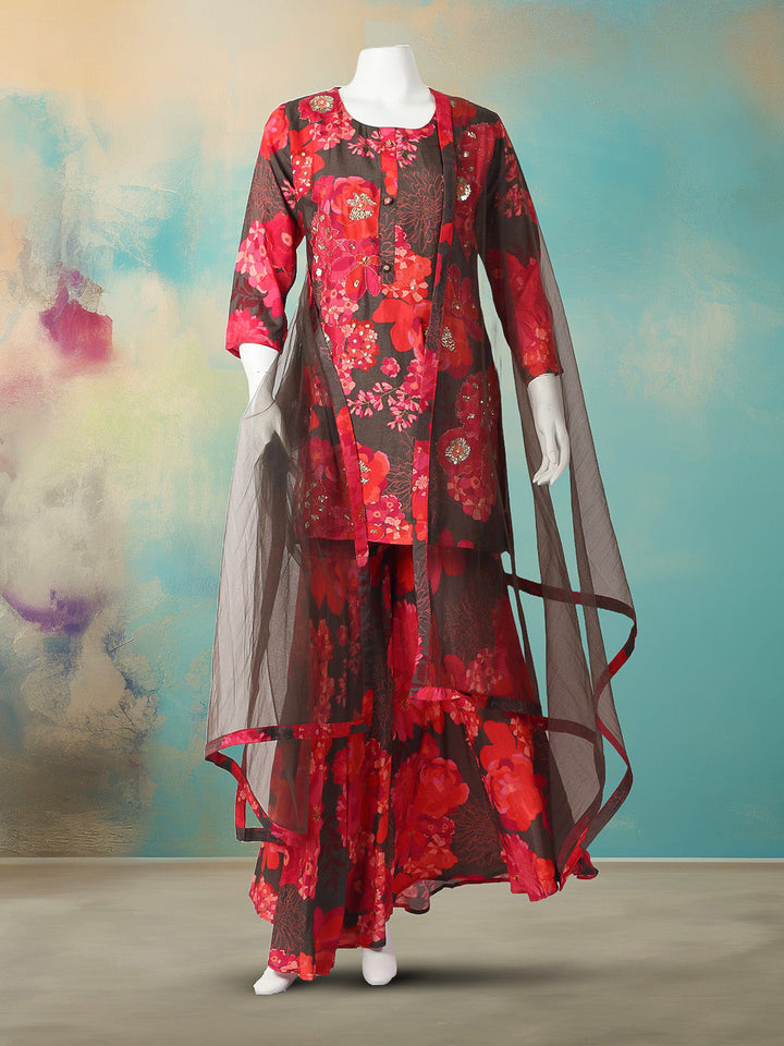 Printed With Embroidered Cotton Blend Kurta With Garara &amp; Dupatta