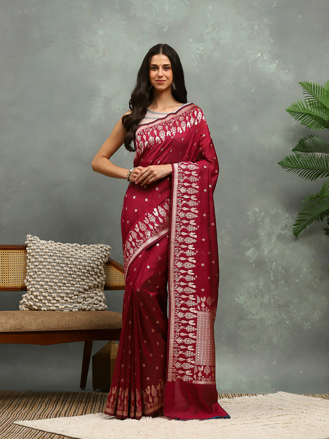 Zari Border Booti Cotton Blend Woven Saree