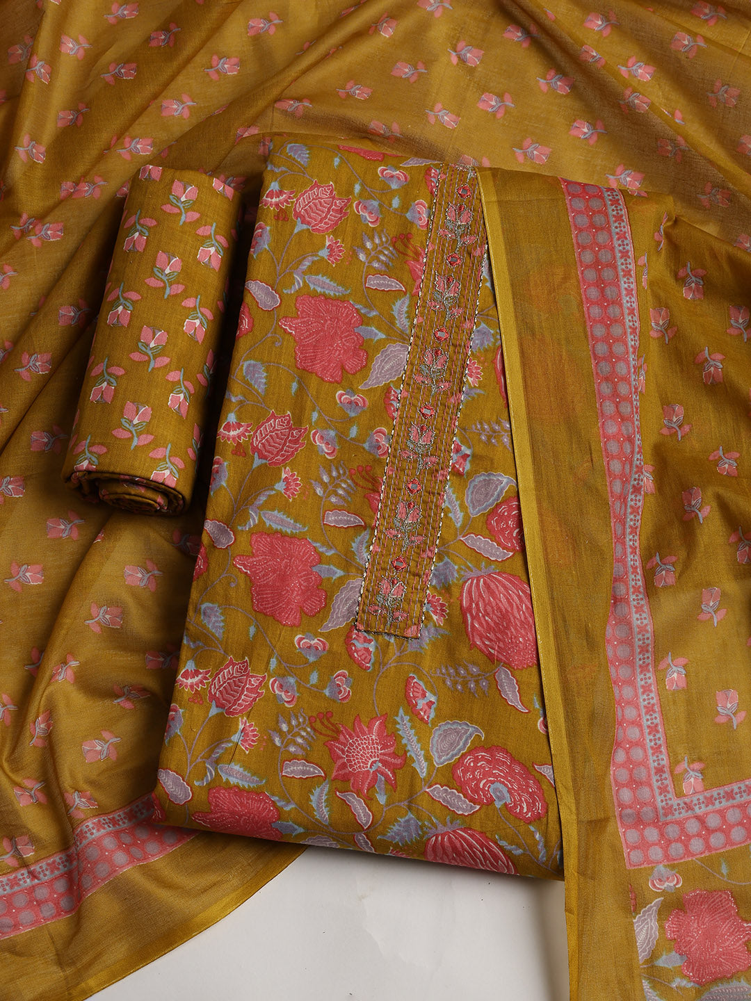 Printed Cotton Blend Unstitched Suit With Dupatta