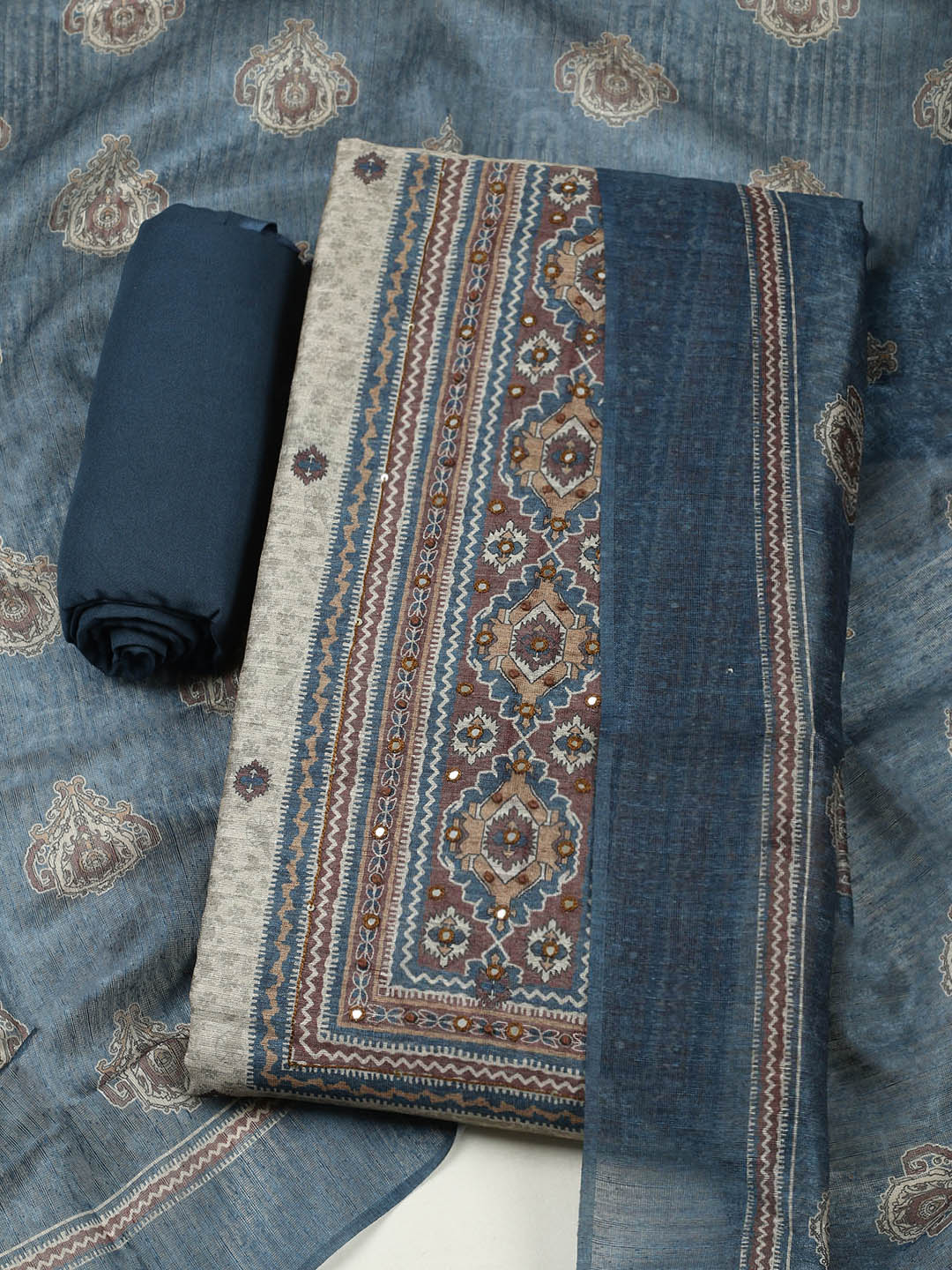 Printed Chanderi Unstitched Suit With Pant &amp; Dupatta