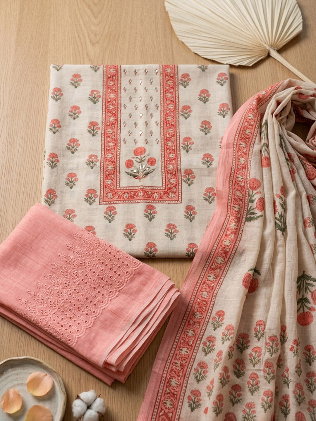 Printed Cotton Blend Unstitched Suit With Pant &amp; Dupatta