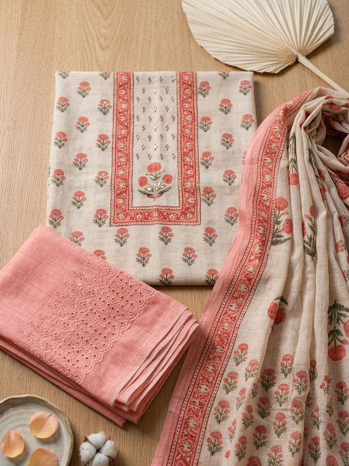 Printed Cotton Blend Unstitched Suit With Pant &amp; Dupatta