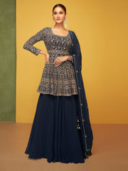 Zari,Resham,Sequins Work Georgette Straight Kurta Round Neck Lehenga