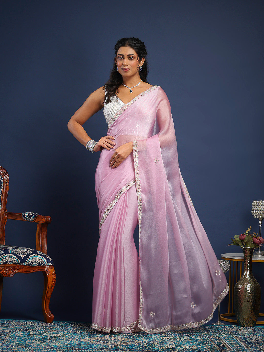 Stone &amp; Thread Embroidered Organza Saree
