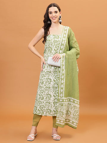 Printed Cotton Blend Unstitched Suit With Dupatta