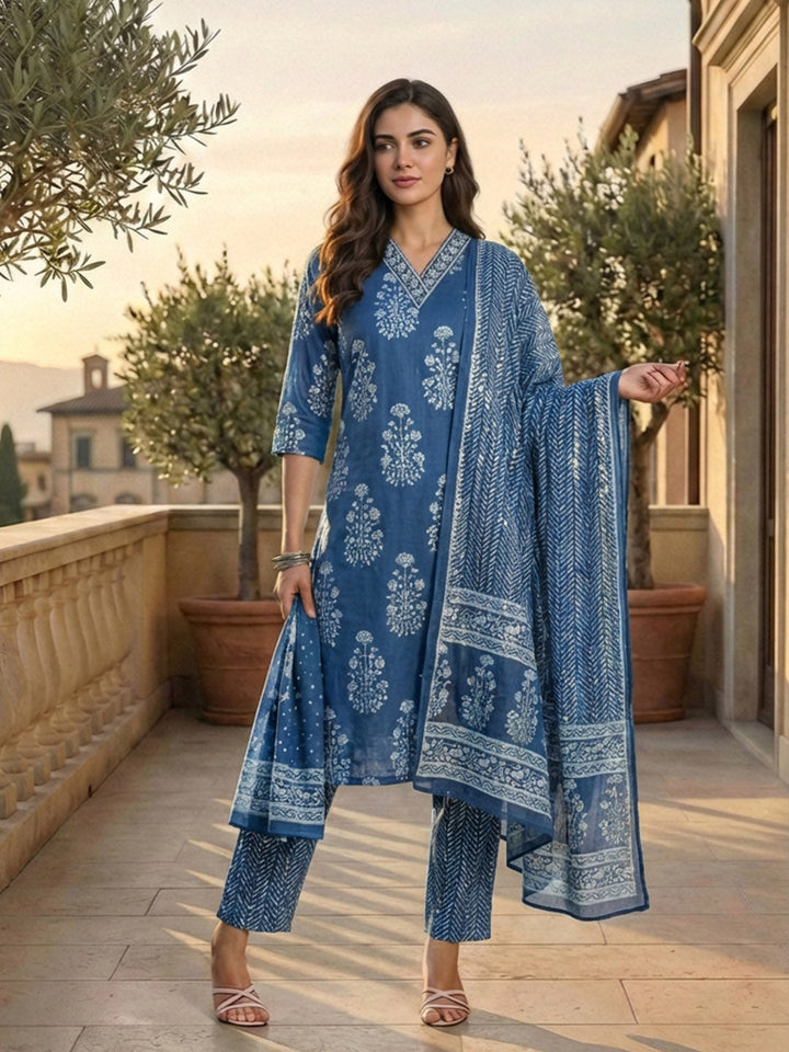 Printed Cotton Kurta With Pant &amp; Dupatta