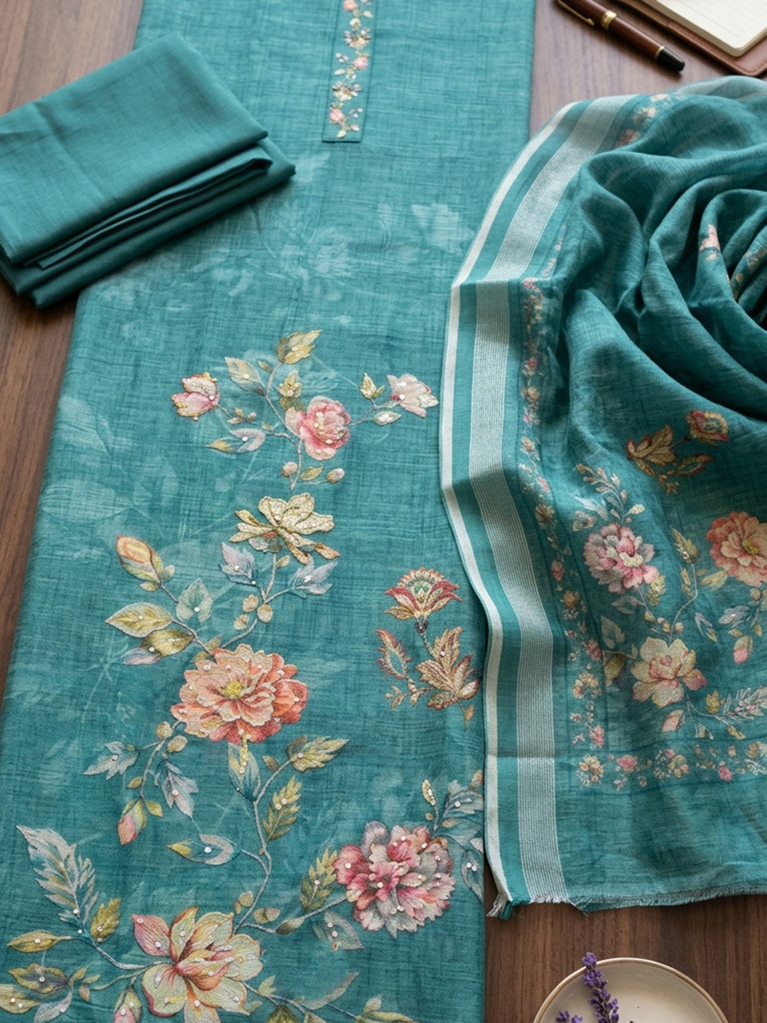 Printed Linen Blend Unstitched Suit With Pant &amp; Dupatta