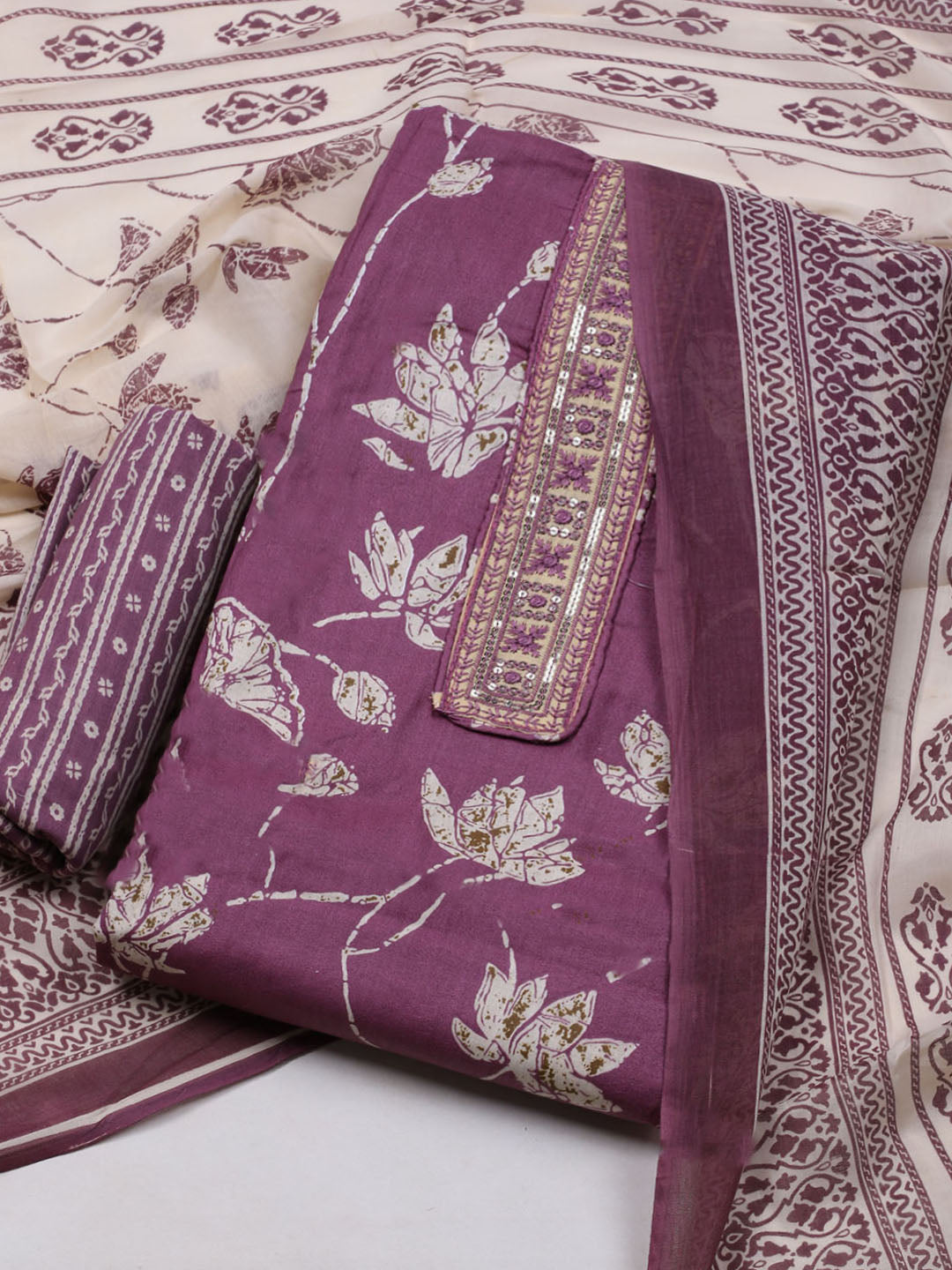Printed Cotton Blend Unstitched Suit With Dupatta