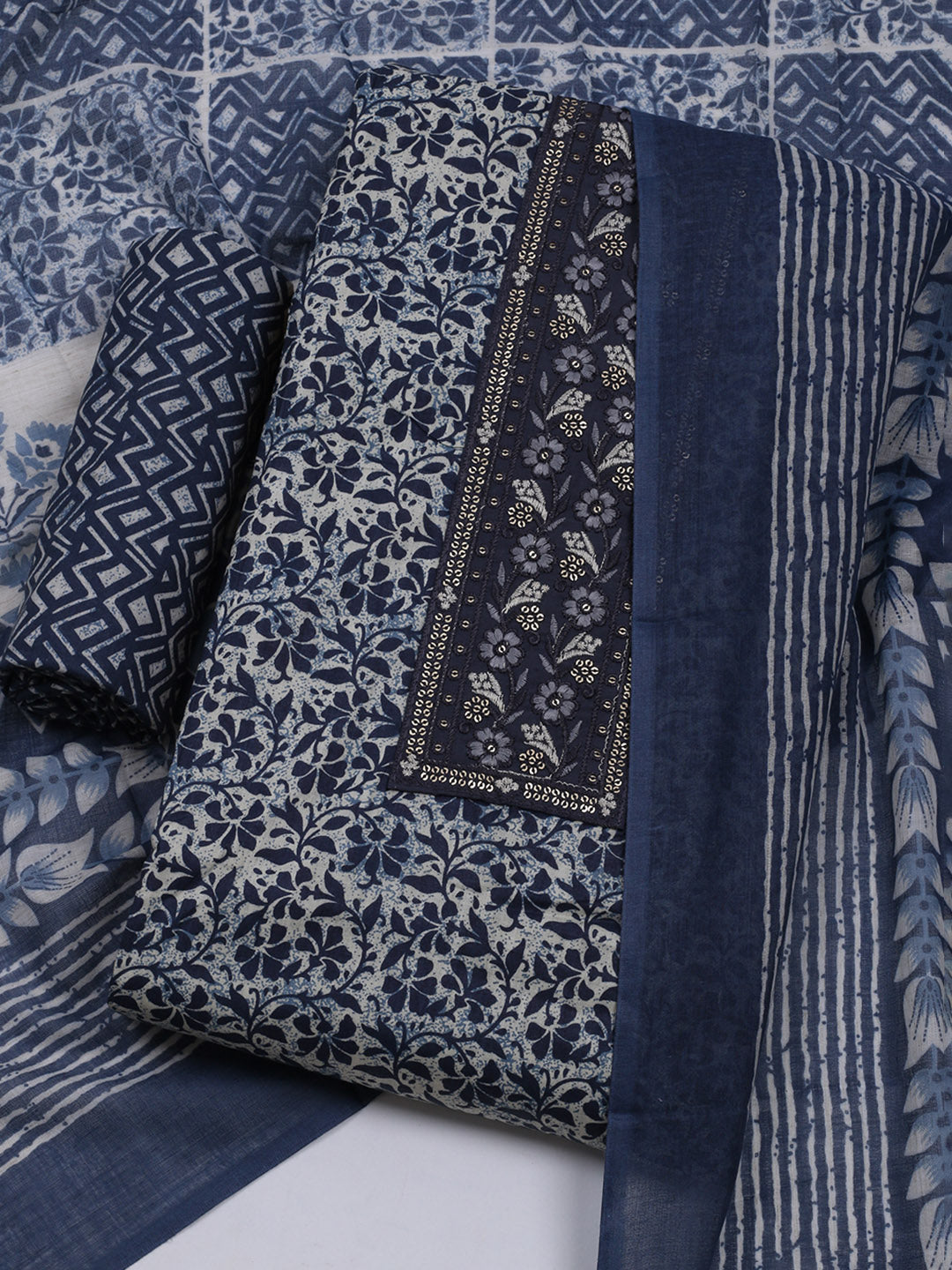 Printed Cotton Blend Unstitched Suit With Dupatta