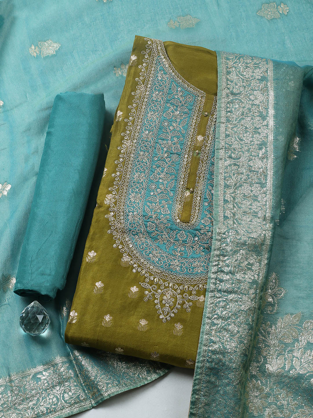 Embroidered Chanderi Unstitched Suit With Pant &amp; Dupatta