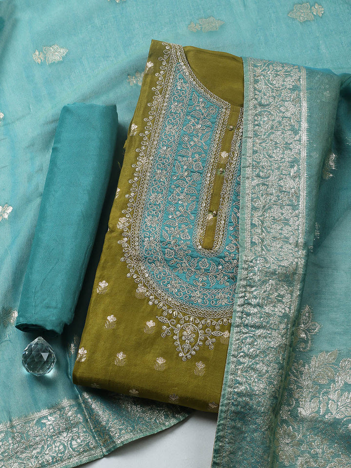 Embroidered Chanderi Unstitched Suit With Pant &amp; Dupatta
