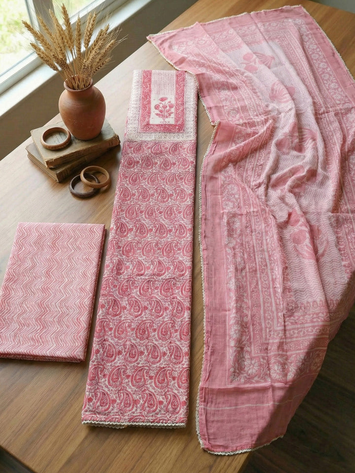 Embroidered Cotton Blend Unstitched Suit With Pant &amp; Dupatta