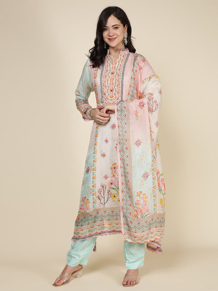 Printed Muslin Blend Kurta With Pants &amp; Dupatta