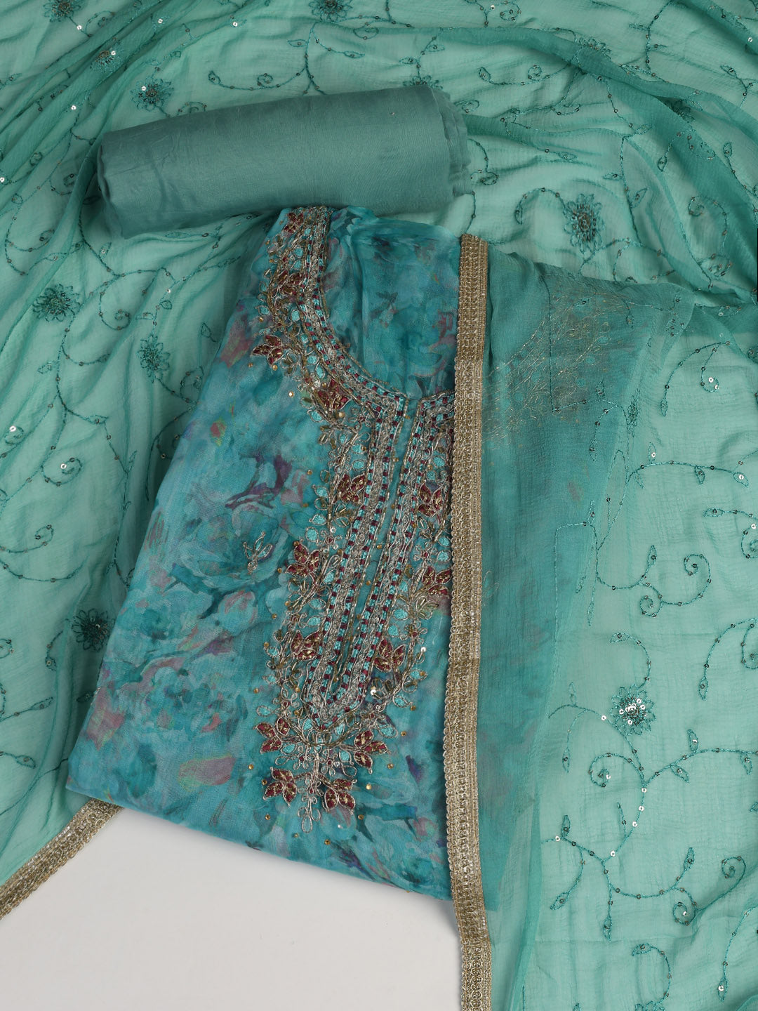 Neck Embroidered Organza Unstitched Suit With Dupatta