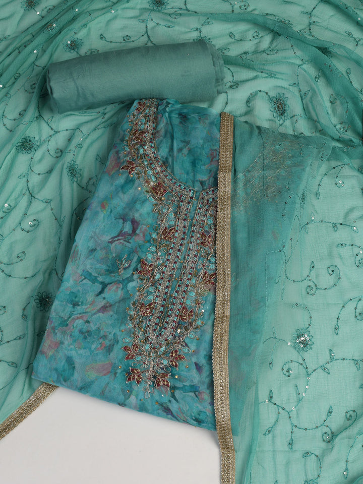 Neck Embroidered Organza Unstitched Suit With Dupatta