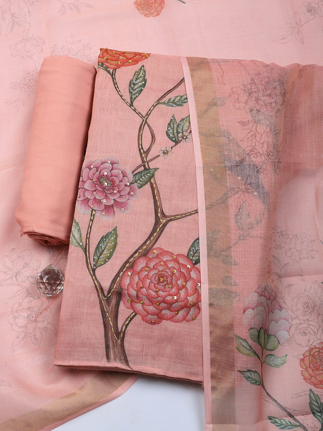 Embroidered Tissue Unstitched Suit With Pant &amp; Dupatta