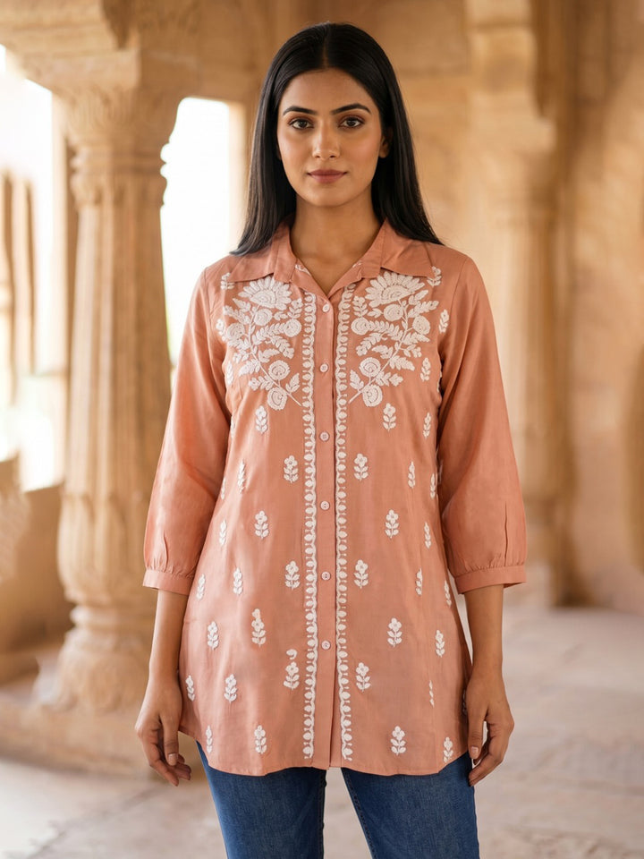 Peach Embroidered Cotton Blend Straight Kurta