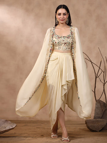 Thread Embroidered Crepe Choli With Pleated Skirt