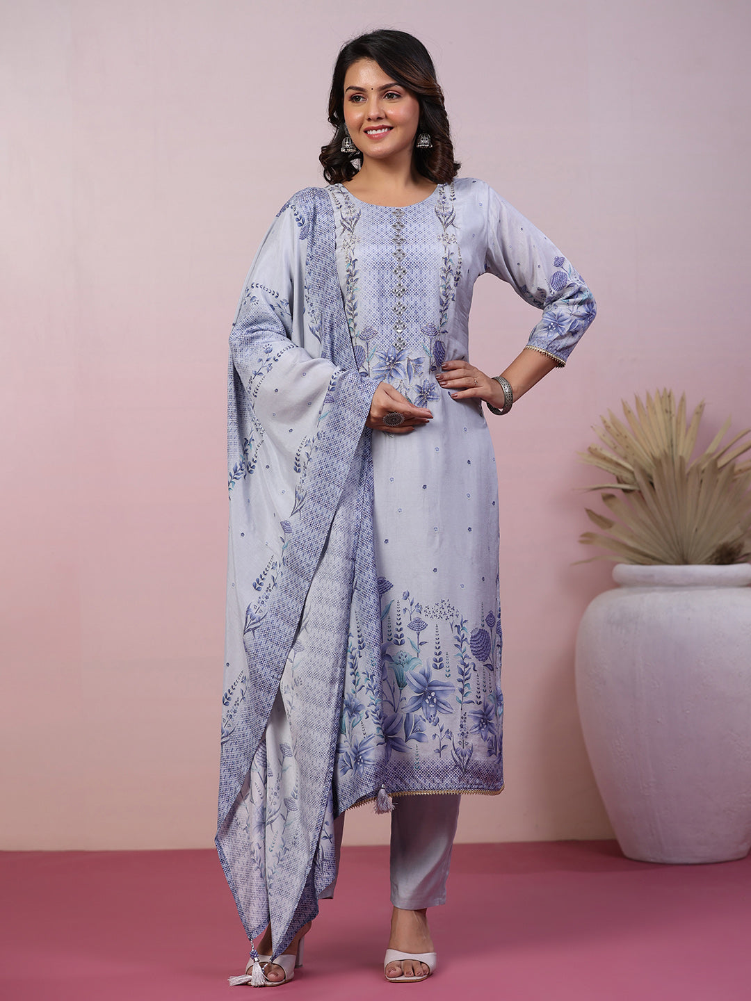 Embroidered Muslin Kurta With &amp; Dupatta