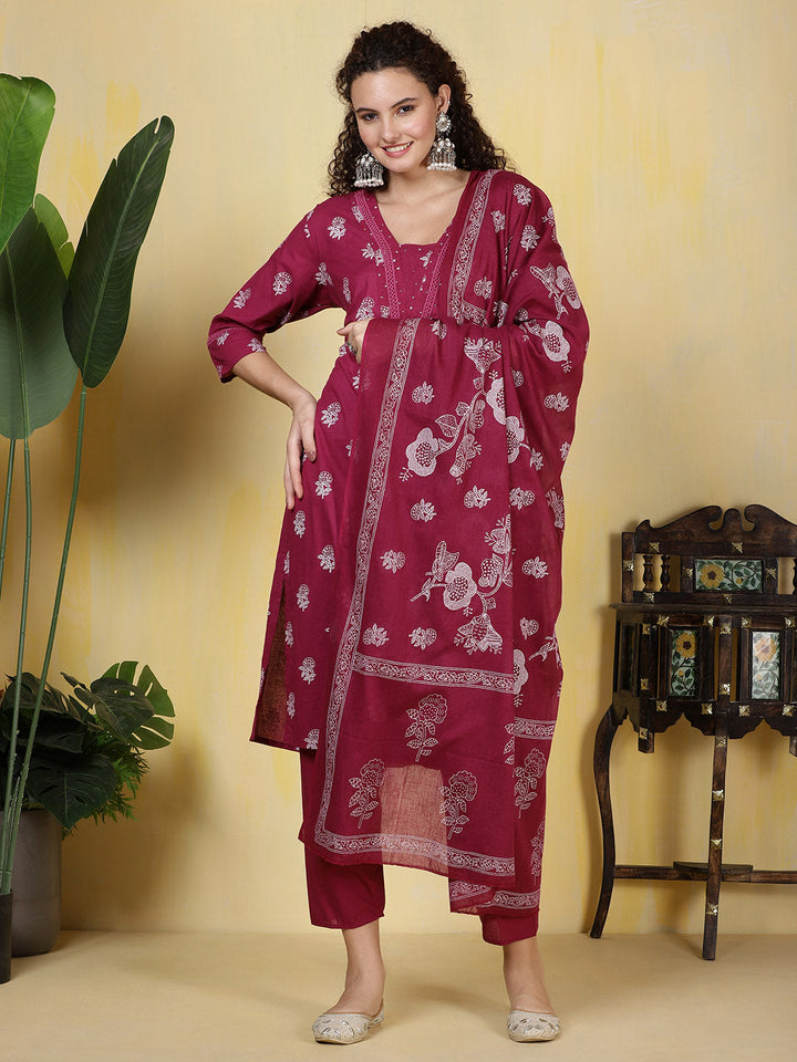 Printed Cotton Blend Kurta With Pants &amp; Dupatta
