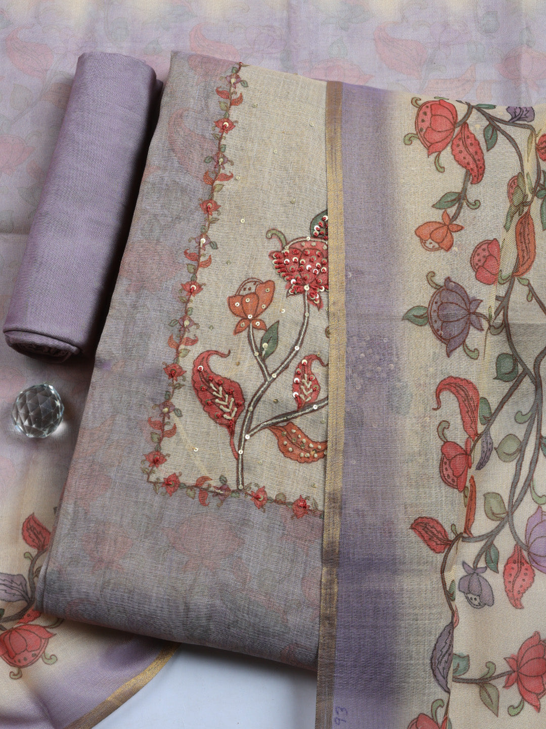 Printed Linen Blend Unstitched Suit With Pant &amp; Dupatta