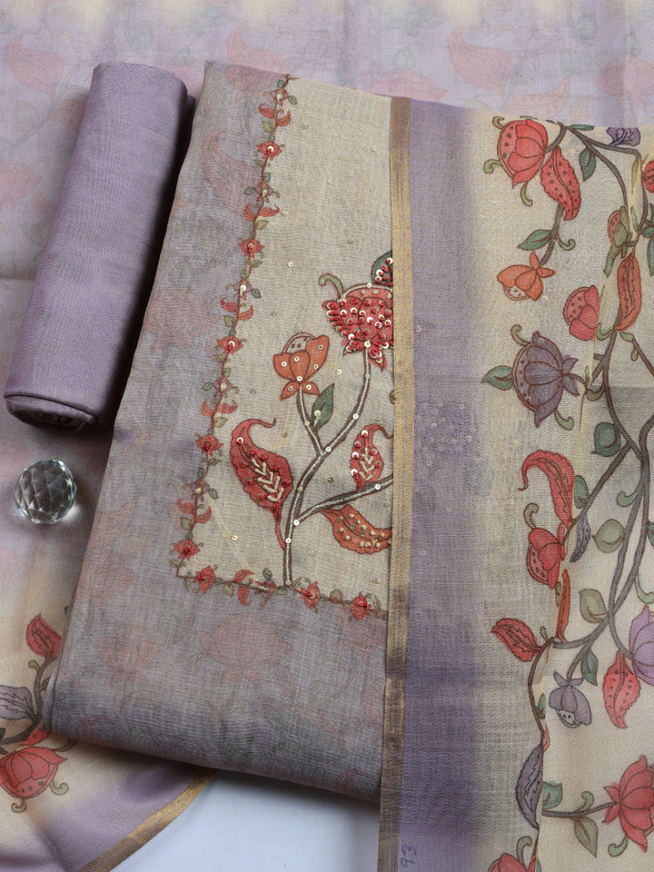 Printed Linen Blend Unstitched Suit With Pant &amp; Dupatta