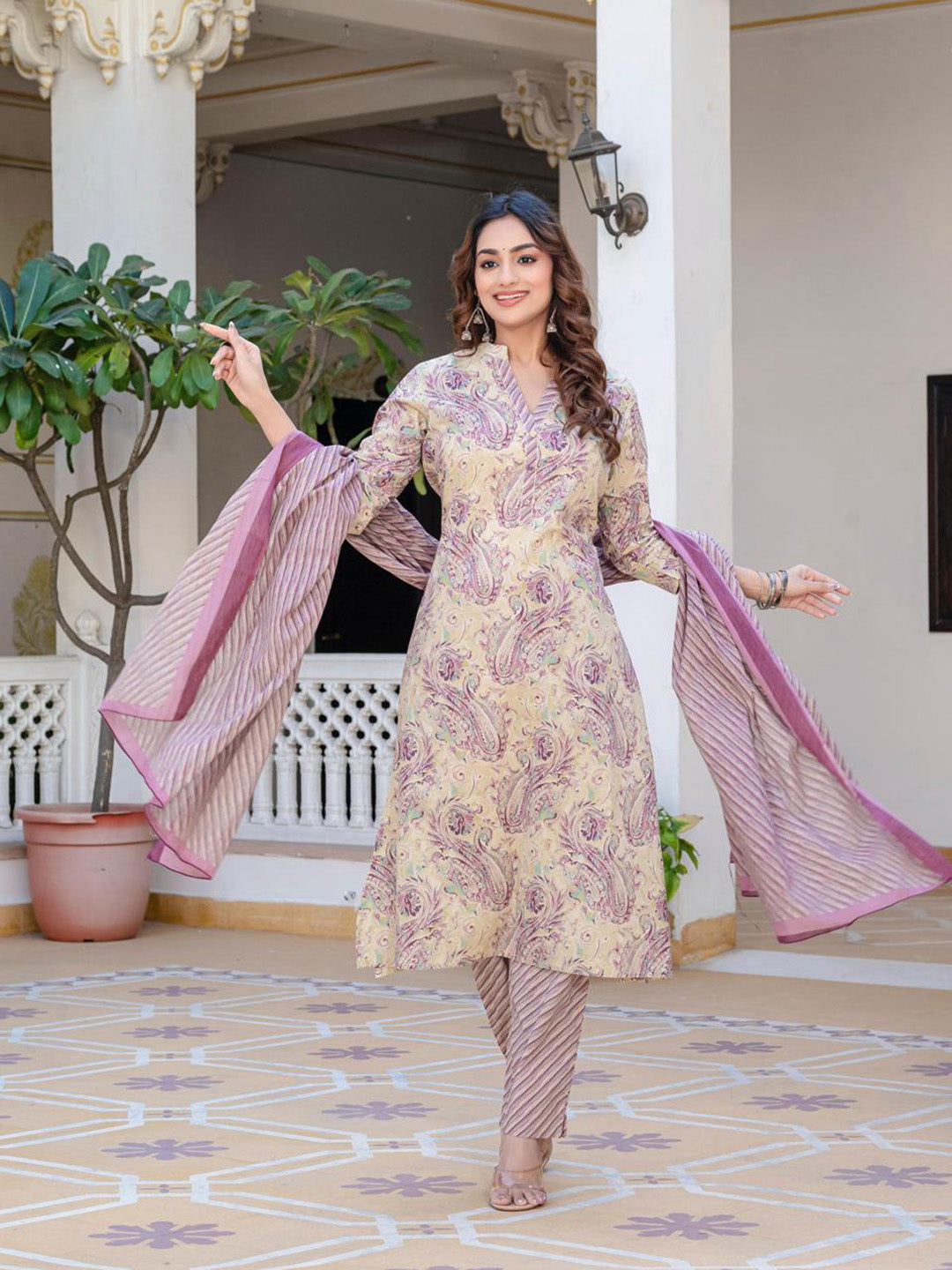 Printed Cotton Blend Kurta With Pants & Dupatta