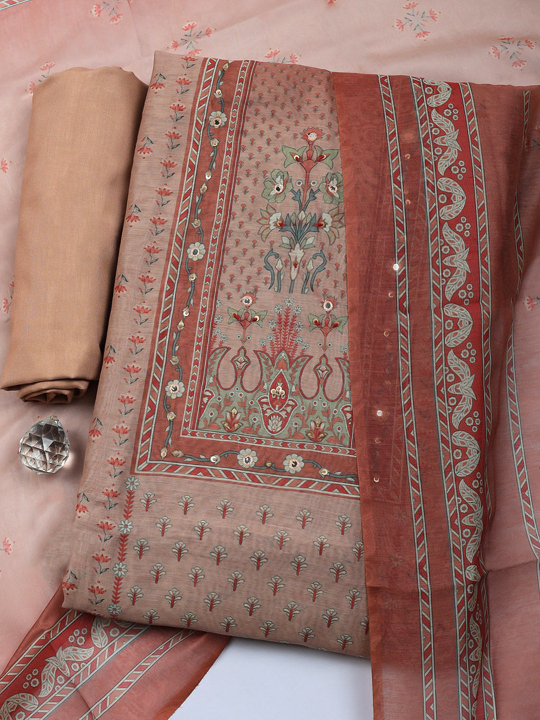 Embellished Chanderi Unstitched Suit With Pant &amp; Dupatta
