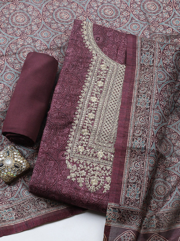 Embroidered Cotton Blend Unstitched Suit With Pant &amp; Dupatta