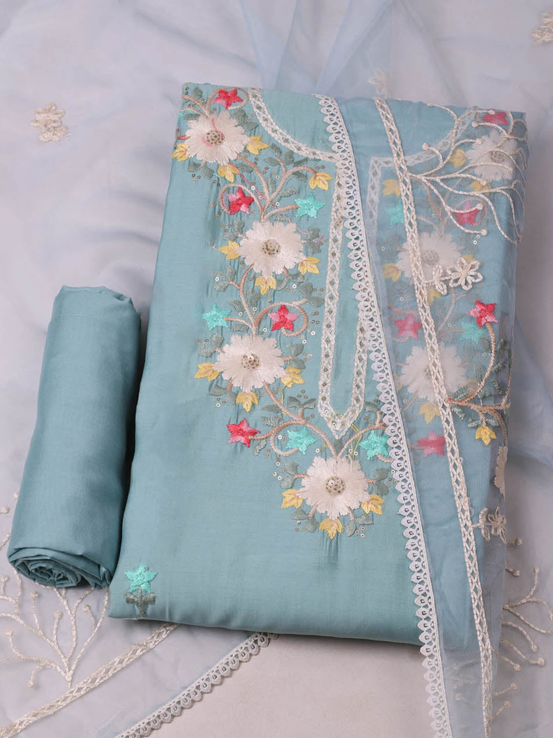 Embroidered Chanderi Unstitched Suit With Pant &amp; Dupatta