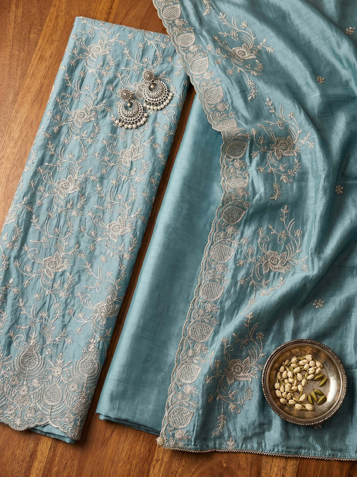 Neck Embroidered Cotton Blend Unstitched Suit With Dupatta