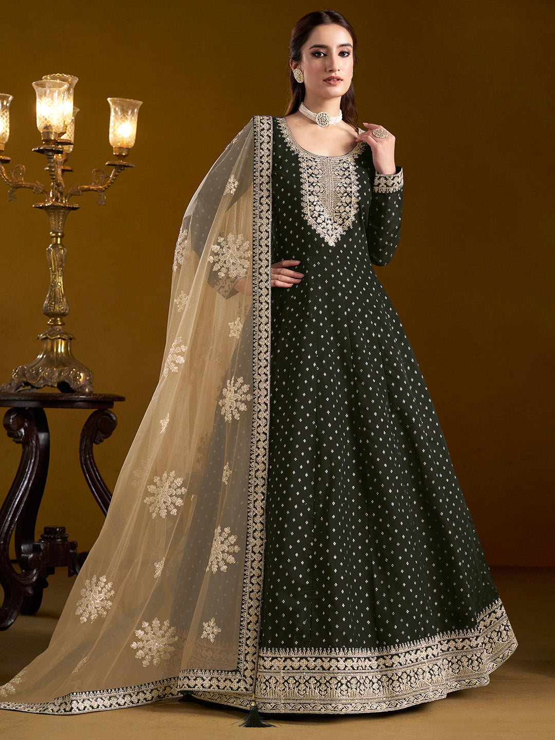 Embroidered Chanderi Semi Stitched Kurta With Salwar &amp; Dupatta
