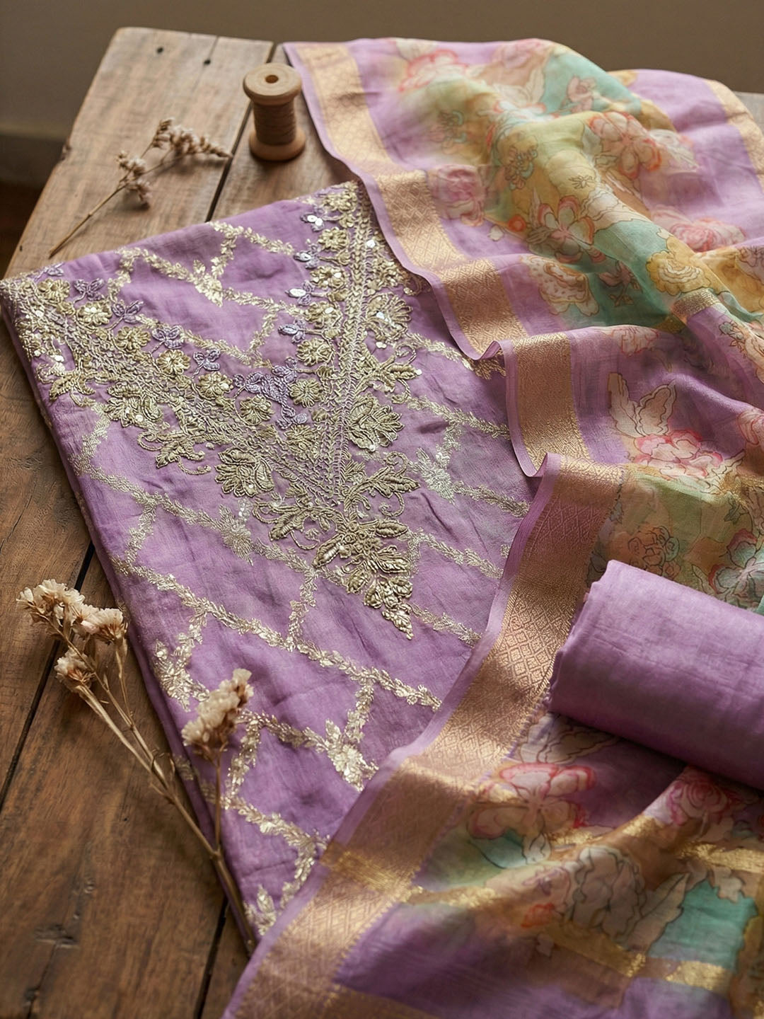 Embroidered Cotton Blend Unstitched Suit With Pant &amp; Dupatta