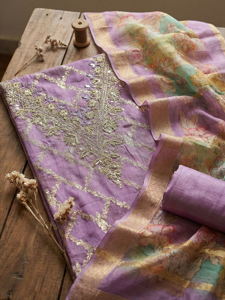 Embroidered Cotton Blend Unstitched Suit With Pant &amp; Dupatta