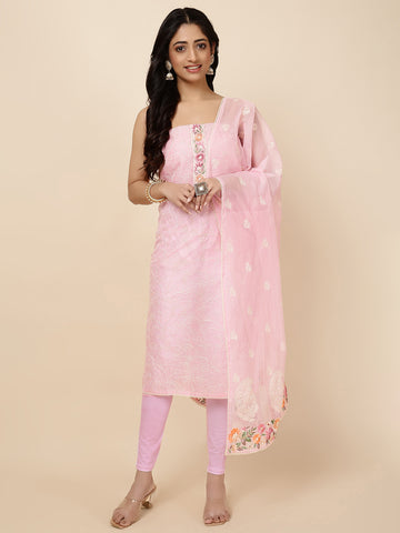 Neck Patti Cotton Blend Unstitched Suit With Dupatta