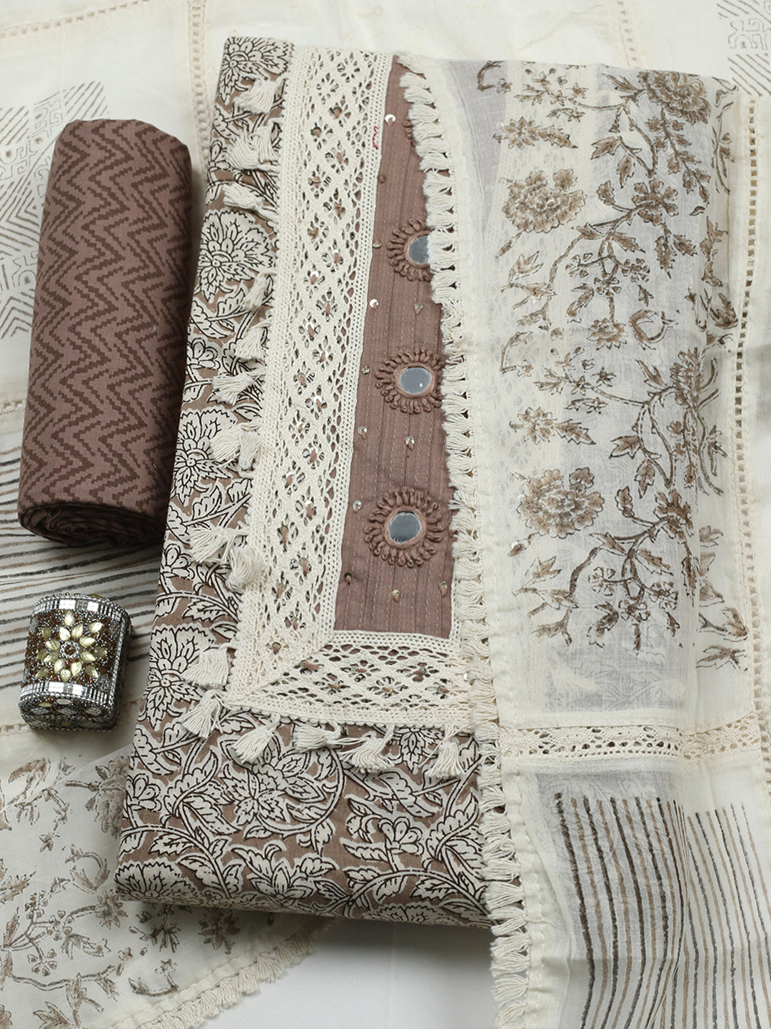 Embroidered Cotton Blend Unstitched Suit With Pant &amp; Dupatta