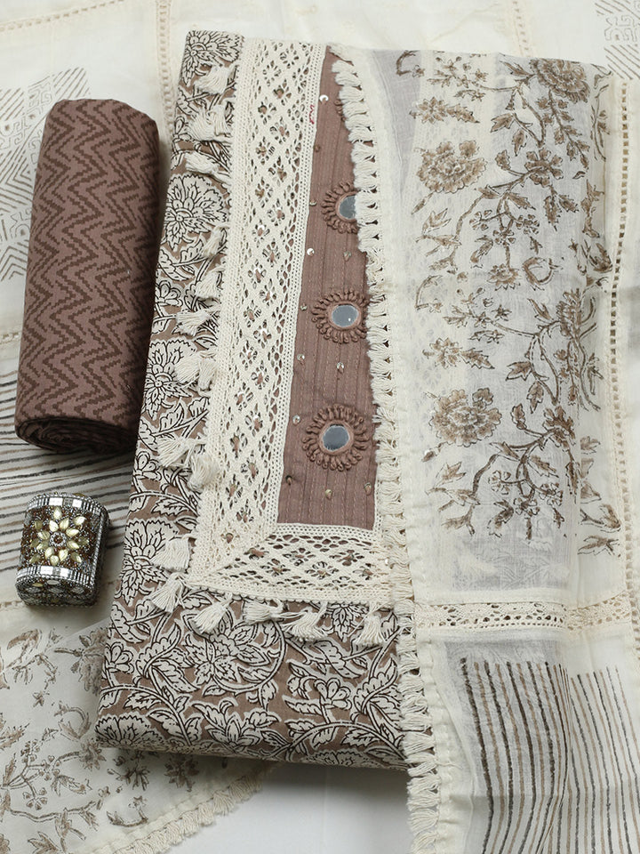 Embroidered Cotton Blend Unstitched Suit With Pant &amp; Dupatta