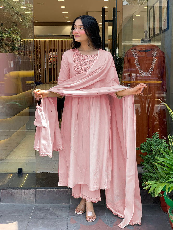 Neck Embroidered Muslin Kurta With Pants &amp; Dupatta