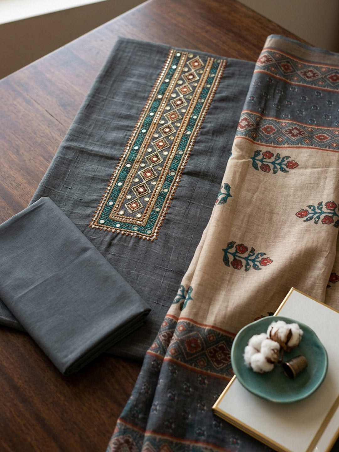 Embroidered Art Silk Unstitched Suit With Pant &amp; Dupatta