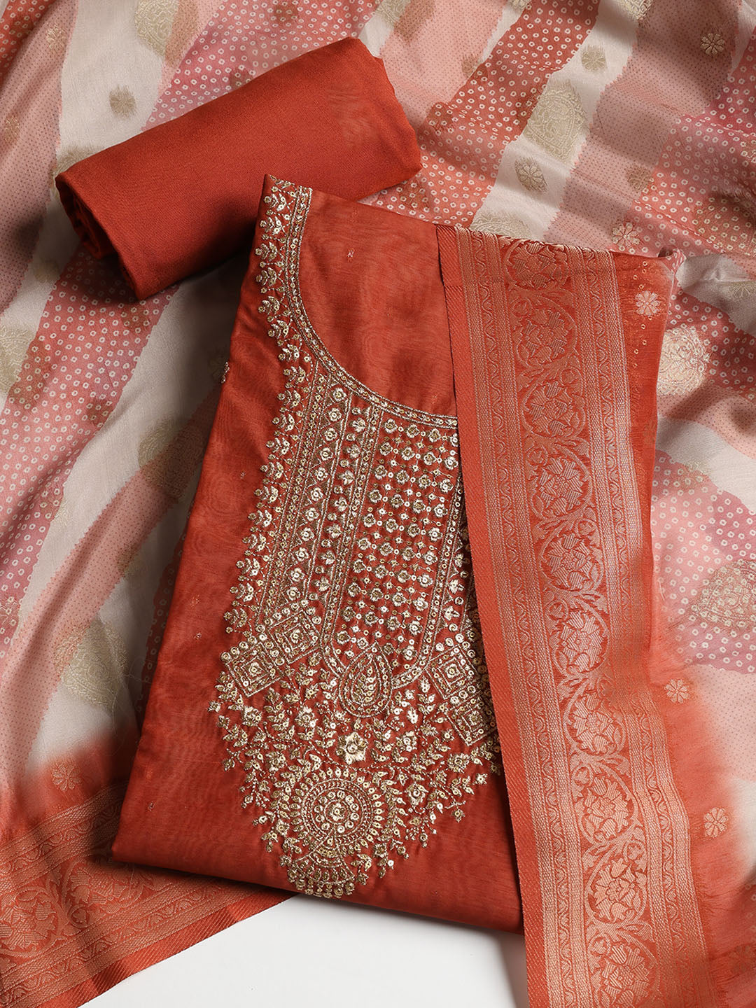 Neck Embroidered Chanderi Unstitched Suit With Dupatta