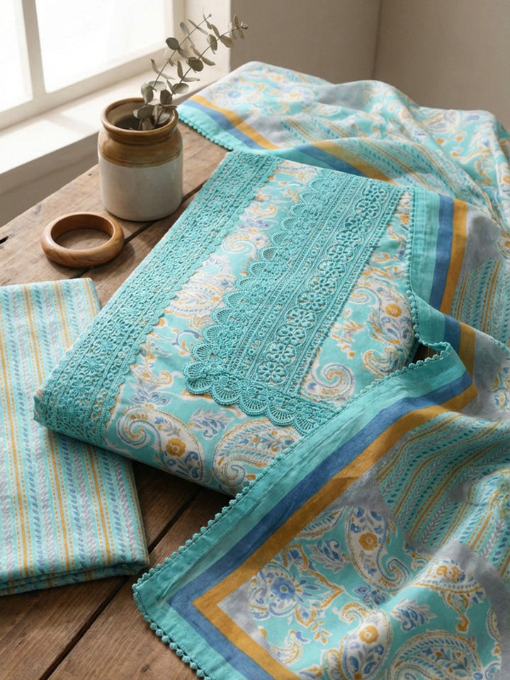 Embroidered Cotton Blend Unstitched Suit With Pant &amp; Dupatta