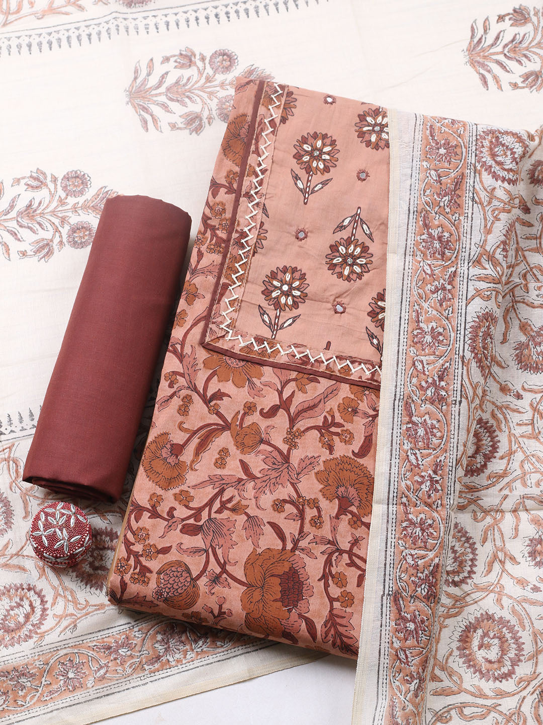 Printed Cotton Blend Unstitched Suit With Pant &amp; Dupatta