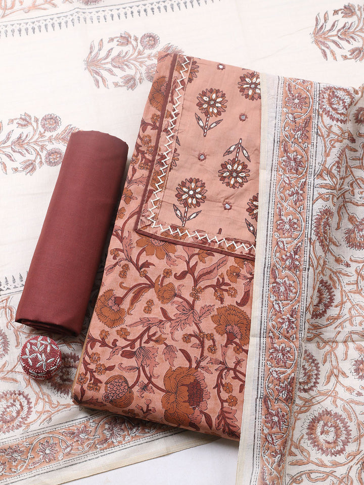 Printed Cotton Blend Unstitched Suit With Pant &amp; Dupatta