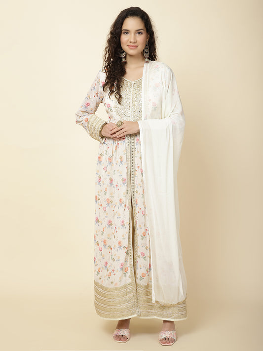 Floral Printed Georgette Kurta With Pants & Dupatta