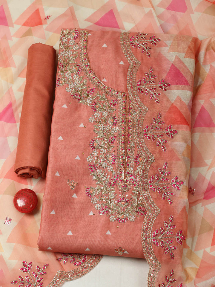 Embroidered Chanderi Unstitched Suit With Pant &amp; Dupatta