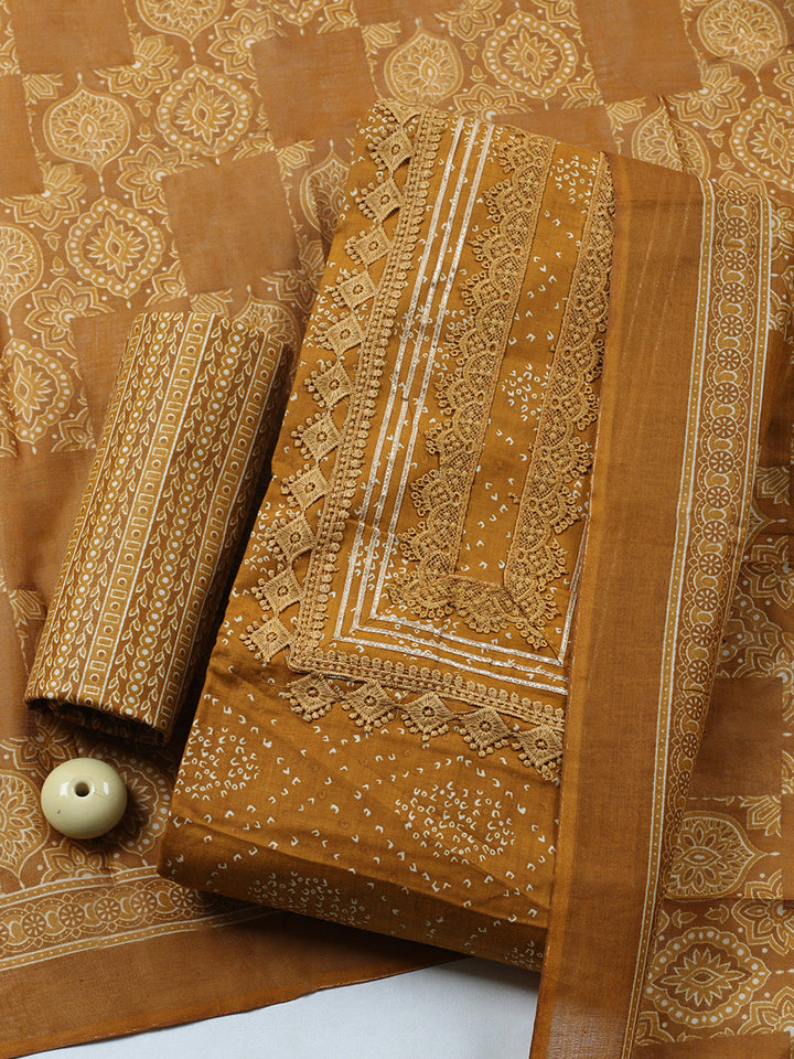 Printed Cotton Blend Unstitched Suit With Pant &amp; Dupatta