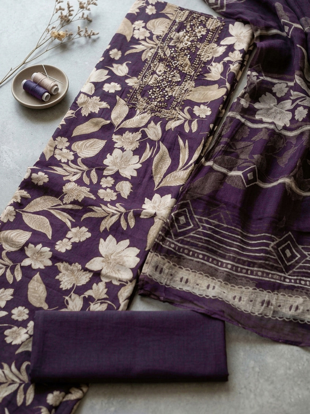 Printed Cotton Blend Unstitched Suit With Pant &amp; Dupatta