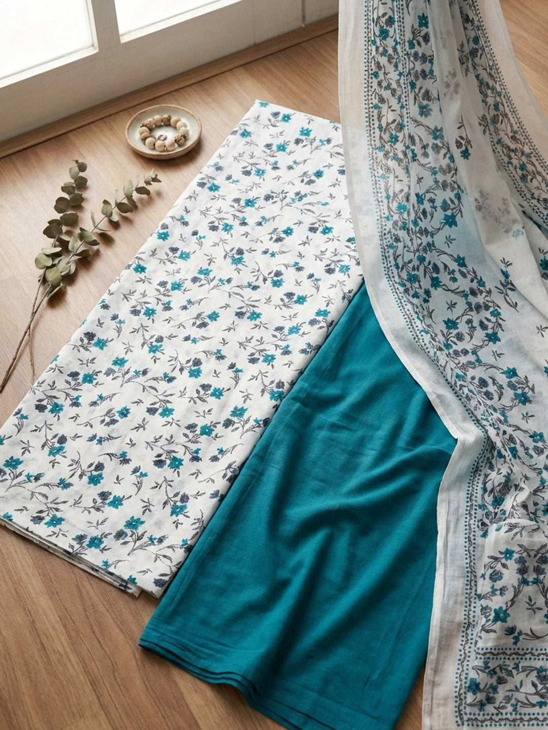 Embroidered Cotton Blend Unstitched Suit With Pant &amp; Dupatta